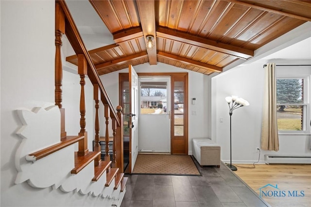 foyer entrance with lofted ceiling with beams, a baseboard radiator, stairs, and wooden ceiling