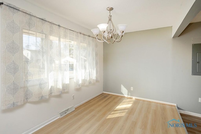 empty room with visible vents, baseboards, a chandelier, electric panel, and wood finished floors