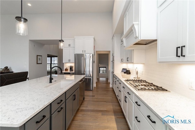 kitchen featuring white cabinets, appliances with stainless steel finishes, wood finished floors, premium range hood, and a sink