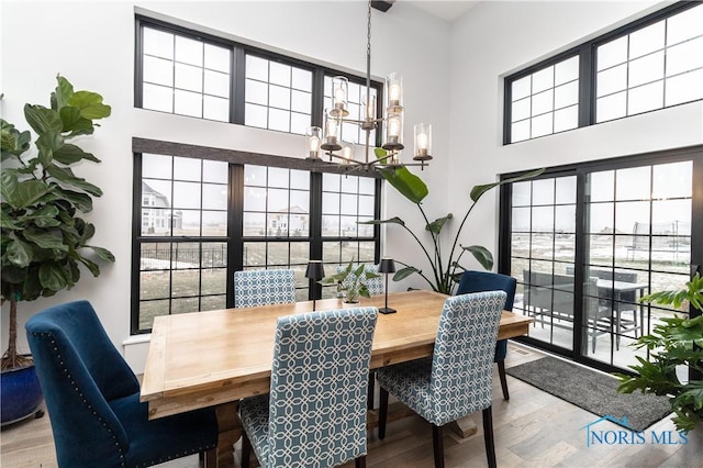 dining space with a high ceiling, a notable chandelier, and wood finished floors