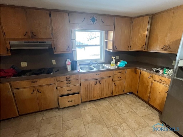 kitchen with stone finish flooring, electric stovetop, a sink, and under cabinet range hood