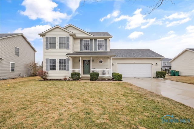 traditional-style house featuring a garage, covered porch, a front lawn, and concrete driveway