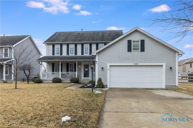 view of front of property featuring a garage, covered porch, concrete driveway, and a front yard