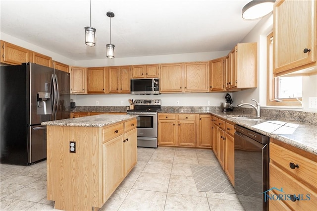 kitchen featuring a kitchen island, decorative light fixtures, light stone counters, light tile patterned floors, and stainless steel appliances