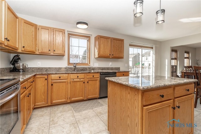 kitchen with dishwashing machine, electric range, a healthy amount of sunlight, and a sink