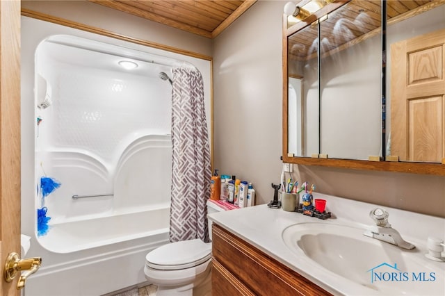 bathroom with toilet, wood ceiling, shower / tub combo with curtain, and vanity