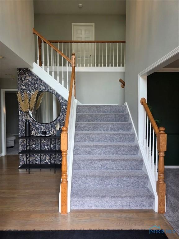 stairs featuring a towering ceiling and wood finished floors