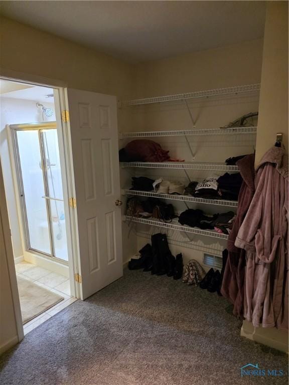 walk in closet featuring carpet flooring