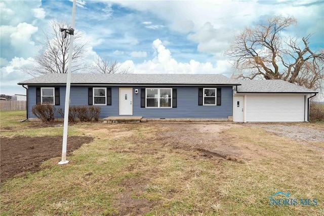 single story home featuring driveway, a garage, fence, and a front yard