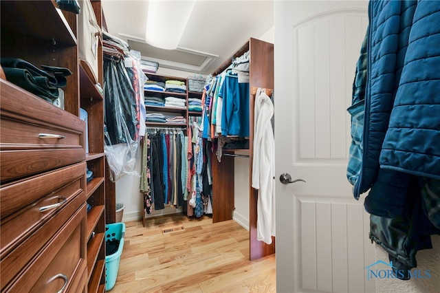 spacious closet featuring attic access and light wood-type flooring