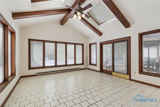 interior space with a ceiling fan, a baseboard radiator, and lofted ceiling with beams