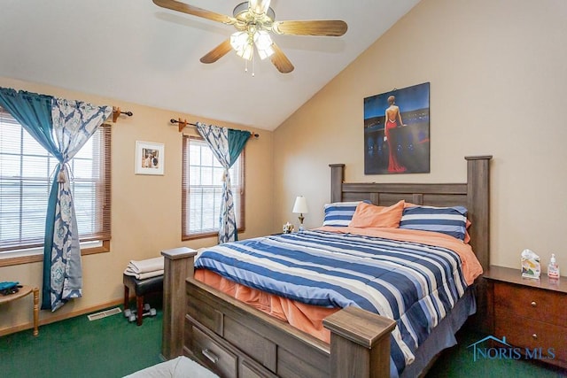 bedroom featuring lofted ceiling, baseboards, ceiling fan, and carpet