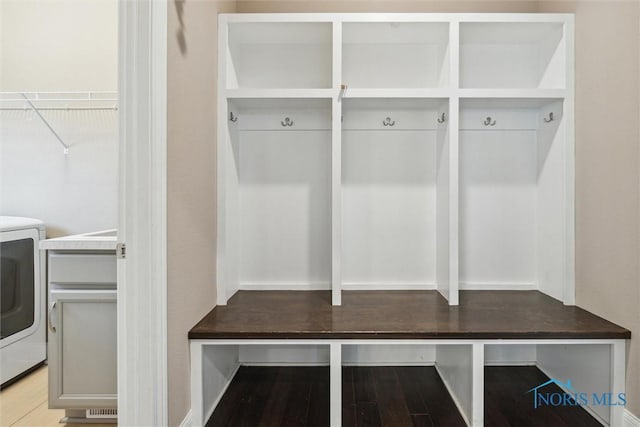 mudroom with washer / clothes dryer and light wood-style flooring