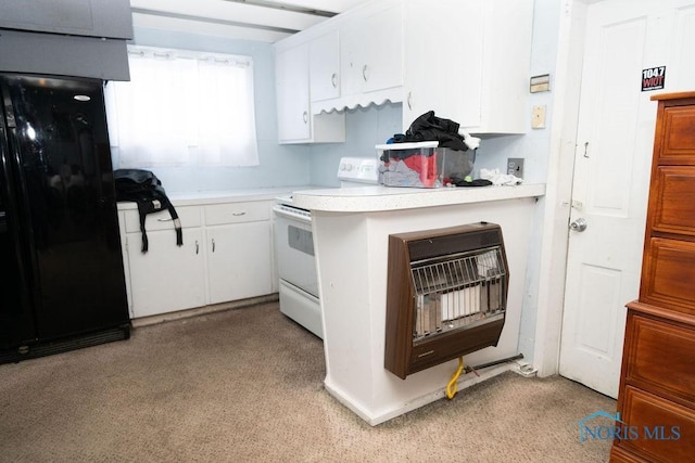 kitchen with white cabinets, light countertops, black refrigerator with ice dispenser, and white electric stove