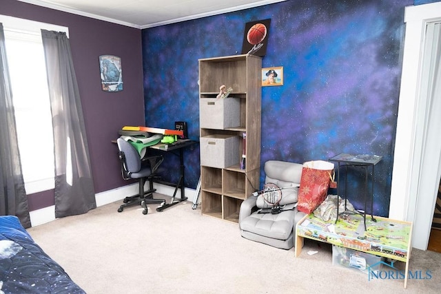 carpeted bedroom featuring baseboards, an accent wall, multiple windows, and crown molding