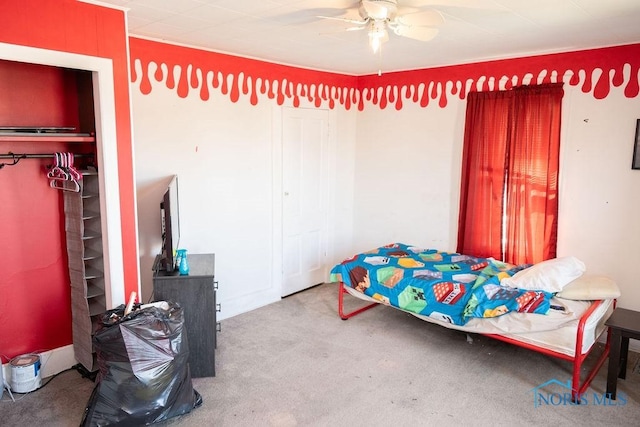 bedroom with ceiling fan and carpet floors