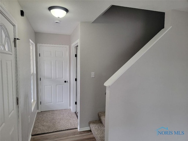 stairs with baseboards and wood finished floors