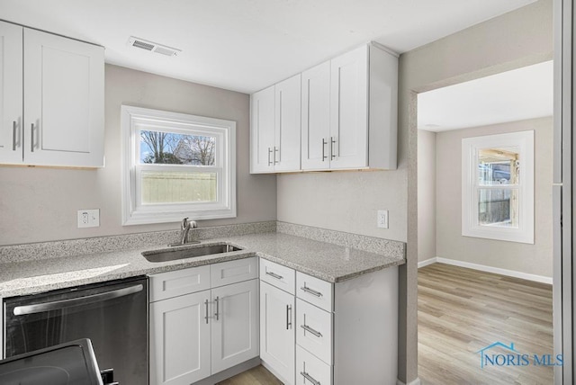 kitchen with a sink, visible vents, a healthy amount of sunlight, white cabinets, and dishwasher