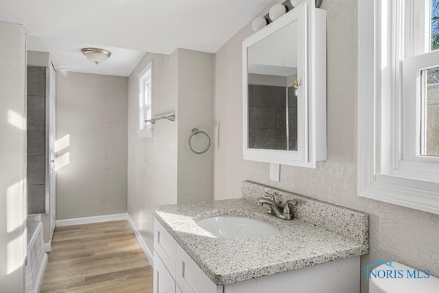 5728 Rudyard Rd, Sylvania, OH 43560 - bathroom featuring toilet, baseboards, vanity, and wood finished floors