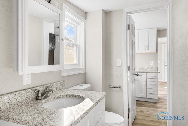 half bath with vanity, wood finished floors, and toilet