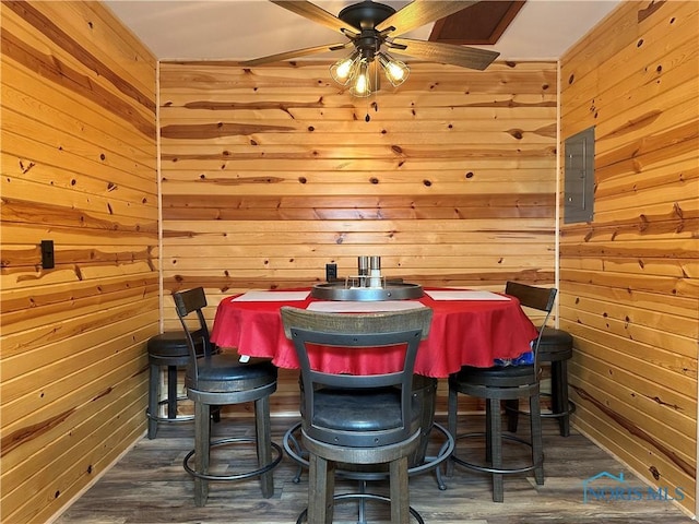 interior space featuring electric panel and wood walls