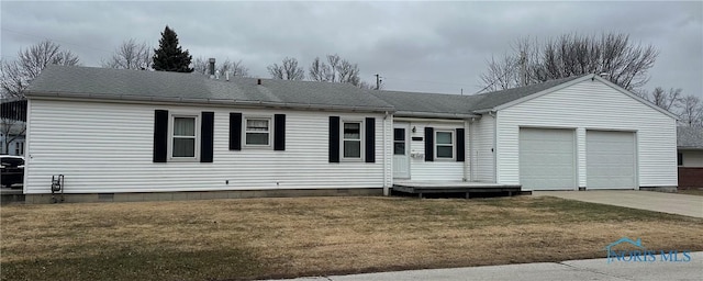 single story home featuring driveway, a garage, a shingled roof, crawl space, and a front lawn