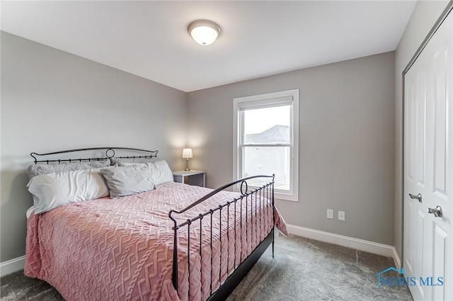 bedroom with carpet, baseboards, and a closet