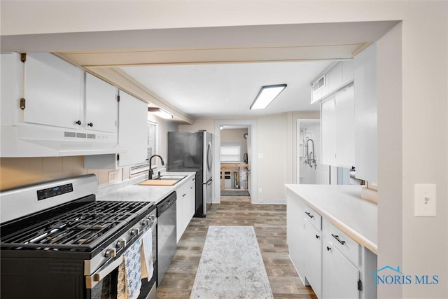 kitchen with light countertops, light wood-style flooring, appliances with stainless steel finishes, a sink, and under cabinet range hood