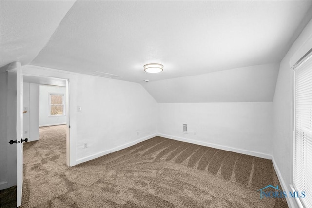 additional living space featuring a textured ceiling, visible vents, baseboards, vaulted ceiling, and carpet