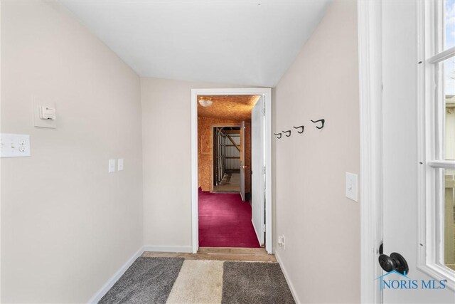 hallway with baseboards and carpet flooring