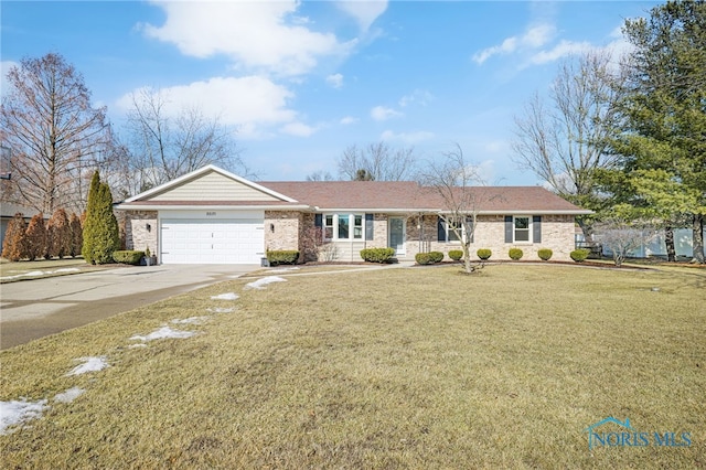 ranch-style home with concrete driveway, a front lawn, an attached garage, and brick siding