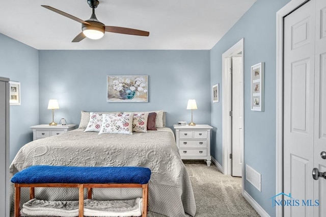 bedroom featuring a ceiling fan, visible vents, baseboards, a closet, and carpet