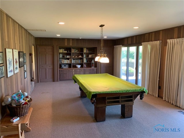 recreation room featuring light carpet, recessed lighting, wooden walls, and pool table