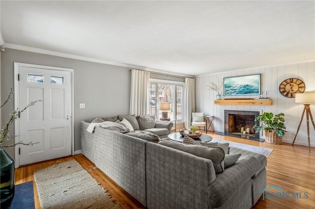 living area featuring baseboards, a fireplace with flush hearth, ornamental molding, and wood finished floors