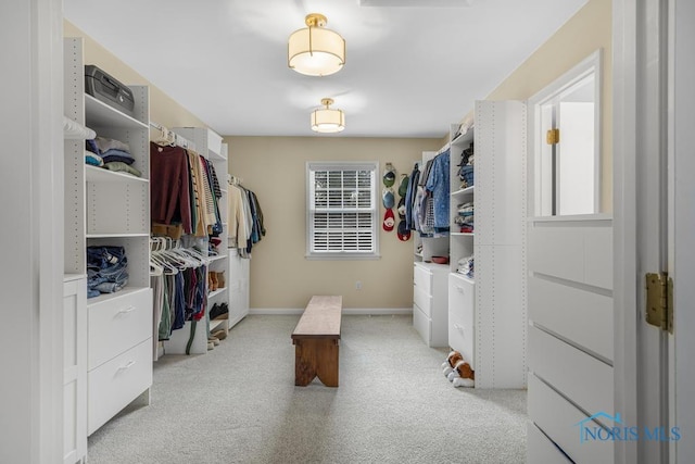 spacious closet featuring light carpet