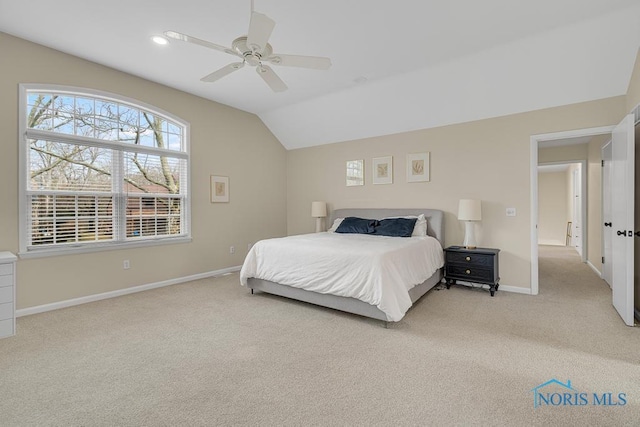 carpeted bedroom featuring baseboards, vaulted ceiling, a ceiling fan, and recessed lighting