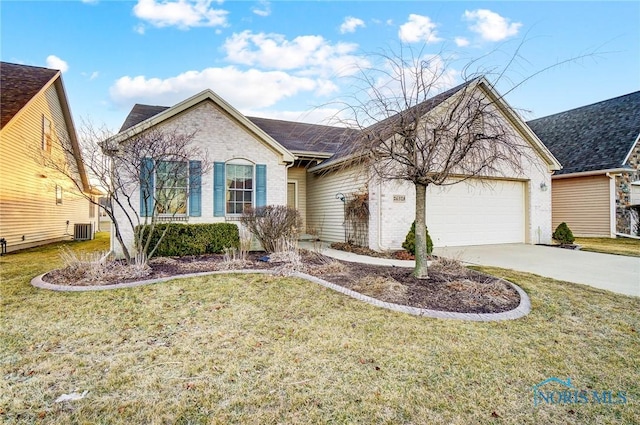 single story home featuring cooling unit, driveway, a front lawn, a garage, and brick siding