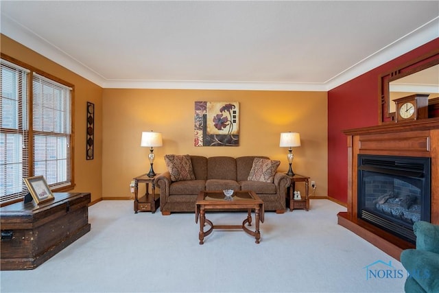 living room with carpet, crown molding, and baseboards