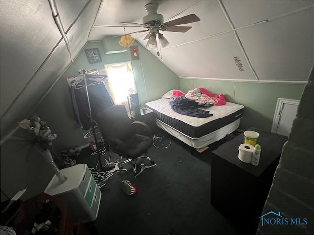 carpeted bedroom featuring lofted ceiling and ceiling fan