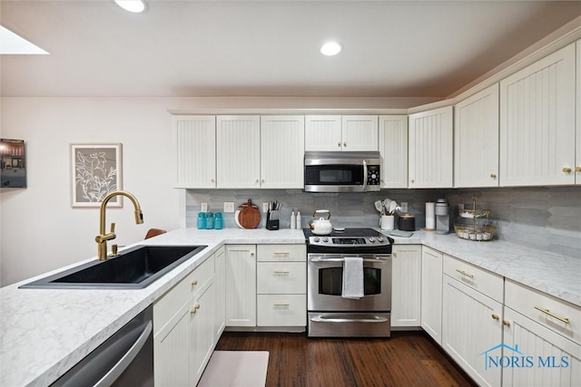 kitchen featuring dark wood-style floors, stainless steel appliances, tasteful backsplash, and a sink