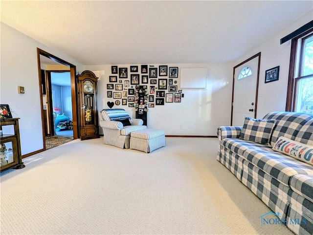 living area featuring carpet and baseboards