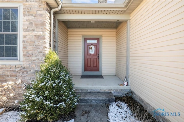 entrance to property with stone siding