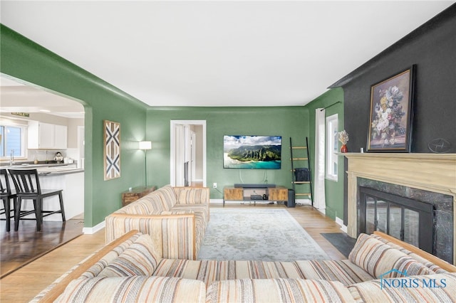 living area with a fireplace, baseboards, and wood finished floors