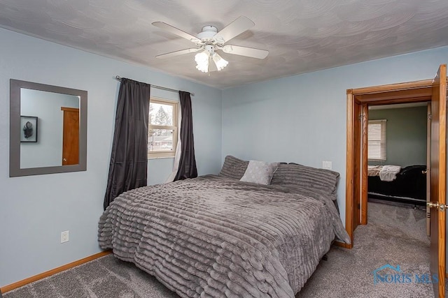 bedroom featuring carpet, a ceiling fan, and baseboards