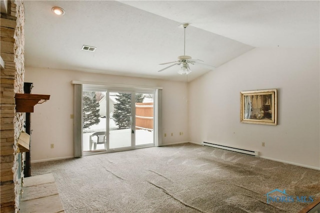 unfurnished living room with visible vents, a ceiling fan, lofted ceiling, a baseboard radiator, and carpet floors