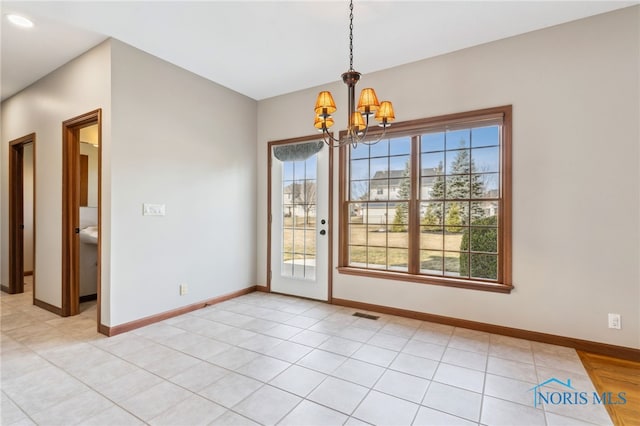 unfurnished dining area featuring light tile patterned floors, visible vents, baseboards, a notable chandelier, and recessed lighting