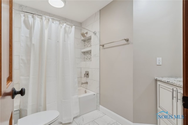 full bath with toilet, marble finish floor, shower / bathtub combination with curtain, and baseboards