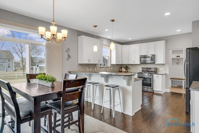 kitchen with a peninsula, a healthy amount of sunlight, dark wood-style floors, and appliances with stainless steel finishes