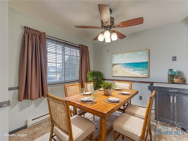 dining area with ceiling fan, baseboards, and baseboard heating