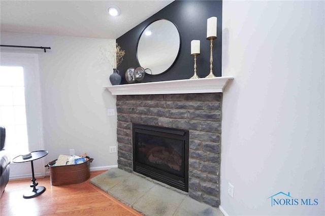 details featuring baseboards, wood finished floors, and a glass covered fireplace